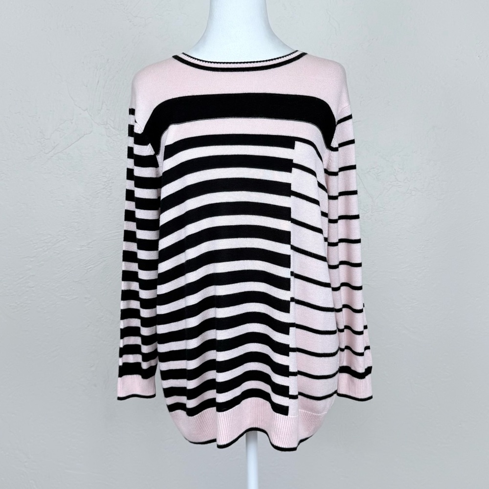 St. John Cashmere Viscose Blend Crewneck Pink & Black Striped Sweater Size L